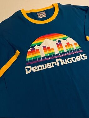Denver Nuggets Hardwood Classics Majestic NBA Ringer Logo T-Shirt 2XL Retro Blue